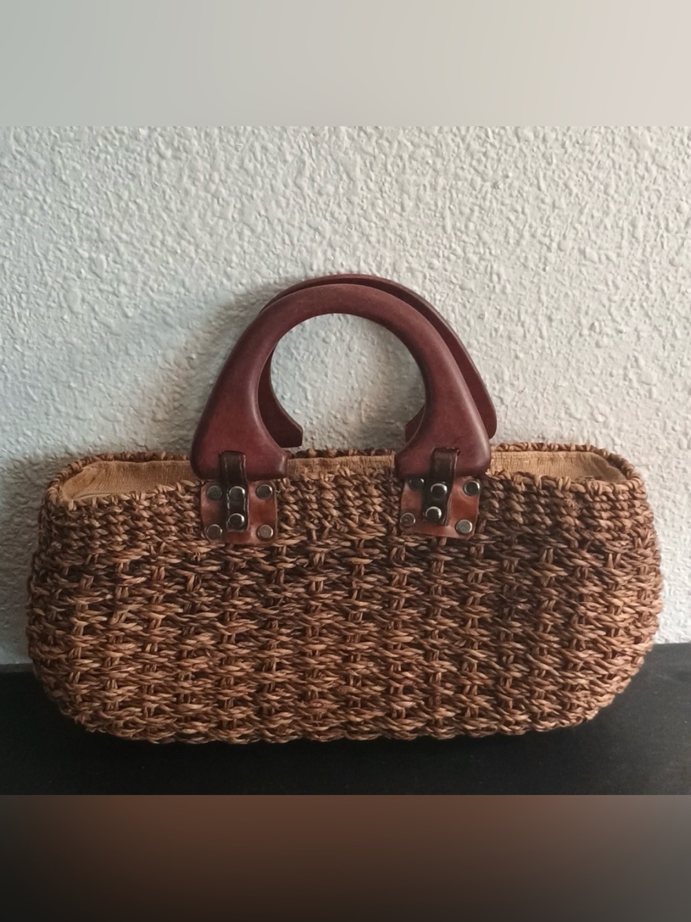 Woven Straw Basket Handbag with Repurposed LV Patch & Wood Handles - Picture 3 of 5
